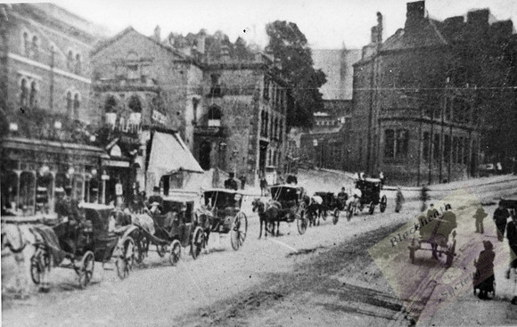 000674. Cabs waiting opposite Blackheath Station, about 1910